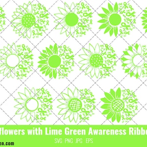 May include: A set of 12 digital cut files featuring sunflowers with lime green awareness ribbons. The sunflowers are in various poses, some with their petals open and some with their petals closed. The ribbons are tied around the sunflowers' stems. The text "Sunflowers with Lime Green Awareness Ribbon" is at the bottom of the image. The text "The Silhouette Queen" is in a box at the bottom right of the image.