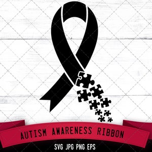 May include: Black and white graphic of an autism awareness ribbon with puzzle pieces falling from it. The ribbon is a symbol of support for people with autism spectrum disorder. The text "Autism Awareness Ribbon" is written in red letters on a red banner.