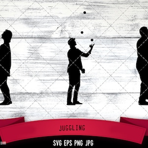 Puede incluir: Silueta de tres personas haciendo malabares. La persona de la izquierda está haciendo malabares con mazas, la persona del medio está haciendo malabares con pelotas y la persona de la derecha está haciendo malabares con mazas. El fondo es un patrón de madera blanca.