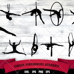 Artistas de circo Acróbatas svg, trapecistas svg, svg aerialist, gynnastics svg, archivos de corte para Cricut, Diseño de silueta, Vector Clipart