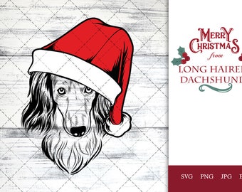 Long Haired Dachshund dog svg portrait clipart vector graphic art Xmas hat Christmas dog Cricut cut file cuttable design