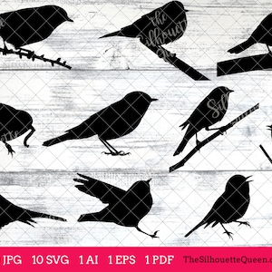 May include: A set of ten black silhouette images of birds in various poses. The birds are all facing different directions and some are perched on branches.