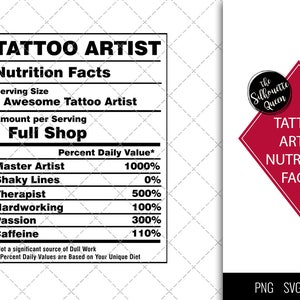 Puede incluir: Un gráfico rojo en forma de diamante con texto blanco que dice "The Silhouette Queen" y "Tattoo Artist Nutrition Facts". El gráfico está sobre un fondo blanco con una etiqueta de información nutricional para un "Tattoo Artist" con una porción de "1 Awesome Tattoo Artist" y una cantidad por porción de "1 Full Shop". La información nutricional incluye "Master Artist", "Shaky Lines", "Therapist", "Hardworking", "Passion", y "Caffeine" con porcentajes correspondientes.