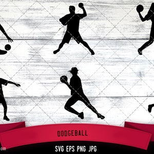 May include: Six black silhouettes of people playing dodgeball. The people are in various poses, throwing, catching, and dodging the ball. The word "DODGEBALL" is written in red at the bottom of the image.