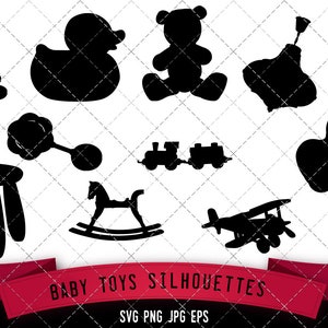 May include: Black and white silhouette images of baby toys, including a rocking horse, a toy train, a stacking toy, a rattle, a toy airplane, a teddy bear, a rubber duck, a toy car, and a spinning top.
