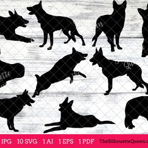 May include: Ten black silhouette images of German Shepherd dogs in various poses. The dogs are all facing different directions and some are in mid-air.
