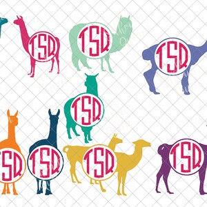 May include: A set of ten llama silhouette SVG cut files with a monogram circle in the center of each llama. The monogram circle is pink and the llamas are in various colors, including blue, green, purple, orange, and yellow.
