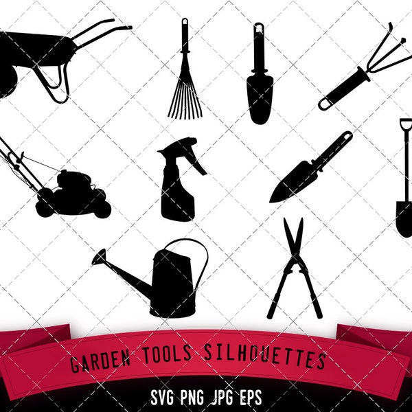 GardenTools Silhouette, SVG, Construction Tools  cricut Clipart,  Vector, eps, cut file, png, ai, lawn mower, watering can, spade, shears