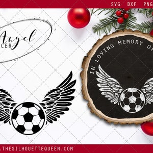 May include: Black and white graphic design of a soccer ball with angel wings. The text "In Loving Memory Of" is written around the soccer ball. The text "Angel Soccer" is written in a circle on a white background.
