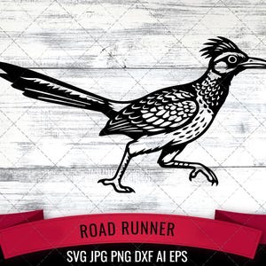 May include: Black and white graphic of a roadrunner bird in profile, walking to the right. The bird is set against a white wood-grain background. A red banner at the bottom reads "ROAD RUNNER" with file type information below.