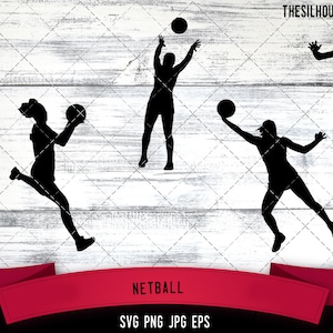 May include: Silhouettes of five netball players in action.  The players are all wearing shorts and jerseys.  They are all in various poses, some are catching the ball, some are throwing the ball, and some are running.  The background is a white wooden surface.