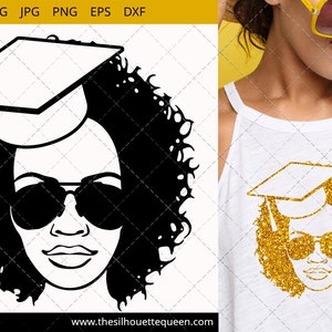 Educated Afro Woman svg with Curly Bob natural hair and Graduation Hat and sunglasses, African American woman svg, Black Woman svg