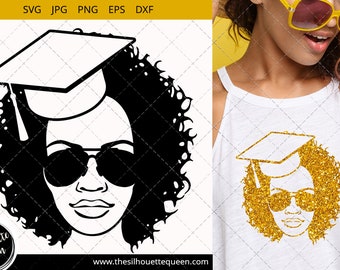Educated Afro Woman svg with Curly Bob natural hair and Graduation Hat and sunglasses, African American woman svg, Black Woman svg