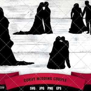 Puede incluir: Siluetas de cinco parejas diferentes en varias poses. Las parejas se miran y están en un entorno de boda. Las siluetas son negras sobre un fondo blanco. El texto "Curvy Wedding Couple" está en la parte inferior de la imagen.
