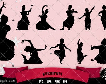 Kuchipudi Dance svg, file cricut di danza indiana, file tagliati, ballerina silhouette Clipart vettoriale, illustrazione, eps, file di taglio svg