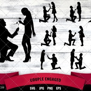 Couple fiancé Silhouette | | vectorielle de demande en mariage bague de fiançailles | silhouette caméo cricut couper les fichiers svg