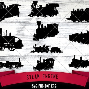 May include: A set of ten black silhouette images of steam engines. The images are on a white wood background. The text "STEAM ENGINE" is at the bottom of the image. The text "SVG PNG DXF EPS" is below the text "STEAM ENGINE".