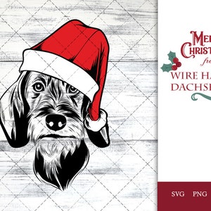 May include: A black and white illustration of a wirehaired dachshund wearing a red Santa hat. The text "Merry Christmas from Wire Haired Dachshund" is in the background.