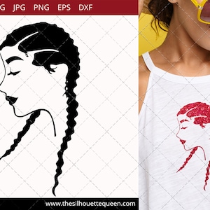 May include: Black and white silhouette of a woman with long braids, looking down. The silhouette is on a white background. The image is for a digital download.