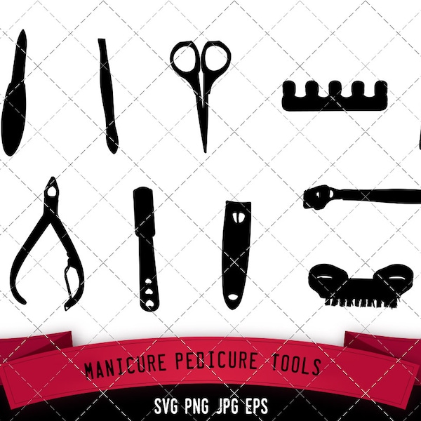 Manicure Pedicure Tools Silhouette,  SVG, cricut,  Clipart,  Vector, eps, cut file, png, ai, nail salon nail cutter, filer, nail brush