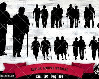 | de silhouette de marche de couple senior | vectoriels sur les personnes âgées sur une promenade Grand-père et grand-mère | silhouette caméo cricut couper les fichiers svg