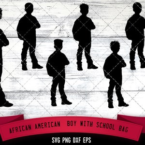 African American Boy with School Bag SVG - Black Boy with Bag, Afro Back to School, Ethnic Silhouette Cutting files cricut Melanin SVG