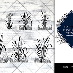 May include: A set of 8 black and white SVG cut files for a cattail pond grass stencil. The design features various arrangements of cattails and pond grass.