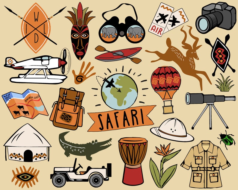 Safari Clipart, travel clipart, African safari clip art, hiking clipart, adventure clipart, jungle clipart, tribal clipart, African animals image 1
