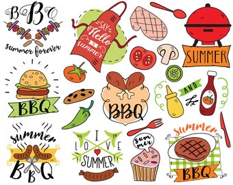 Summer BBQ Clipart, vector, barbecue clipart, summer doodle, picnic clipart, summer clipart, bullet journal stickers, planner stickers