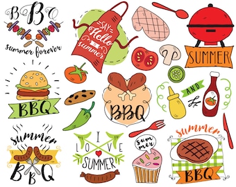 Summer BBQ Clipart, vector, barbecue clipart, summer doodle, picnic clipart, summer clipart, bullet journal stickers, planner stickers