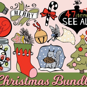 May include: A Christmas bundle with 47 items, including a stocking, a Christmas tree, a bell, a candy cane, a squirrel, a jar with lights, a Christmas ornament, and a banner that says "Merry".