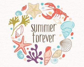 Clipart z życia morskiego, wektor, clipart oceanu, ręcznie rysowany wieniec, clipart muszli, clipart rozgwiazdy, clipart homara, clipart muszli, clipart plaży