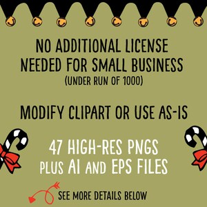 May include: Green background with black and white candy cane clipart and text that reads "NO ADDITIONAL LICENSE NEEDED FOR SMALL BUSINESS (UNDER RUN OF 1000) MODIFY CLIPART OR USE AS-IS 47 HIGH-RES PNGS PLUS AI AND EPS FILES SEE MORE DETAILS BELOW"