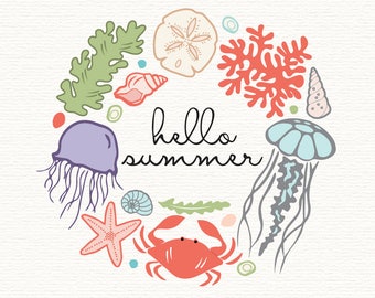 Ocean Clipart, vector, ocean clip art, sea life clipart, hand drawn wreath, sand dollar clipart, jellyfish clipart, shell clipart