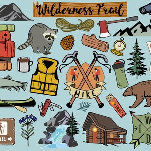 Hiking Clipart, camping clipart, hiking clip art, bullet journal stickers, camping clip art, wilderness clip art, scrapbook stickers,