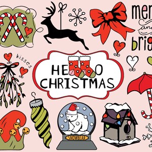 May include: A collection of Christmas themed illustrations including a red bow, a reindeer, a snowflake, a candy cane, a mistletoe, a stocking, a snow globe with a polar bear, a birdhouse, an umbrella, a Christmas hat, and a sign that says "Hello Christmas".