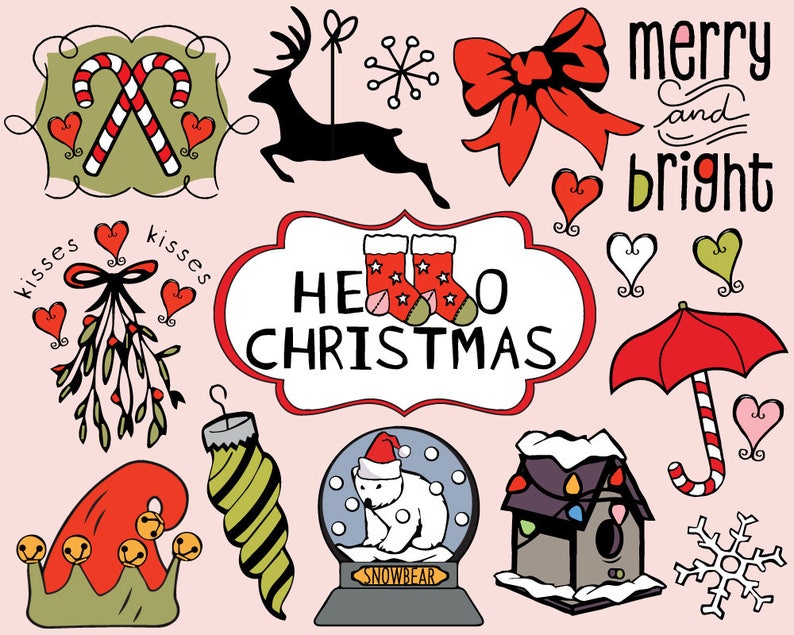 May include: A collection of Christmas themed illustrations including a red bow, a reindeer, a snowflake, a candy cane, a mistletoe, a stocking, a snow globe with a polar bear, a birdhouse, an umbrella, a Christmas hat, and a sign that says "Hello Christmas".