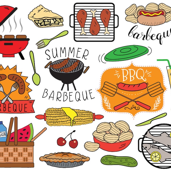BBQ Clipart, summer barbecue clipart, picnic clip art, bbq invitation, cooking clipart, grilling clipart, hot dog, corn on cob