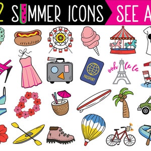 May include: A set of 72 summer themed icons, including a watermelon, ice cream cone, hot dog, Ferris wheel, cotton candy, carousel, t-shirt, high heels, dress, suitcase, passport, Eiffel Tower, table and chairs, bikini, flower wreath, coconut, surfboard, palm tree, car, hot air balloon, bicycle, and a rowboat.