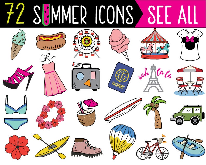 May include: A set of 72 summer themed icons, including a watermelon, ice cream cone, hot dog, Ferris wheel, cotton candy, carousel, t-shirt, high heels, dress, suitcase, passport, Eiffel Tower, table and chairs, bikini, flower wreath, coconut, surfboard, palm tree, car, hot air balloon, bicycle, and a rowboat.