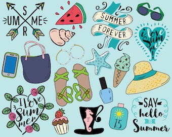 Forever Summer Clipart, vector, summer clip art, beach clipart, summer doodle, vacation clip art, summer icons, beach icons
