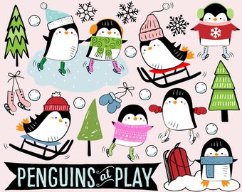 Penguin Clipart, ice skating clipart, sled clipart, snow clip art, winter clipart, penguin stickers, cute penguin, ice skate clip art