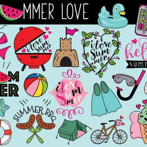 Puede incluir: Una ilustraci&oacute;n colorida de iconos con tem&aacute;tica de verano, que incluye una sand&iacute;a, una pelota de playa, un castillo de arena, una parrilla, un traje de ba&ntilde;o, un salvavidas, una tienda de campa&ntilde;a, una bicicleta, una concha, un par de aletas, un snorkel, una estrella de mar, una paleta de hielo y texto que dice "SUMMER LOVE", "Me encanta el verano", "hola verano" y "SUMMER BBQ".