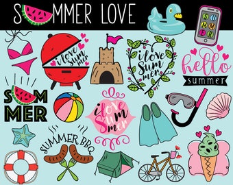 Hello Summer Clipart, vector, summer clip art, summer doodle, summer clipart, bullet journal stickers, summer stickers