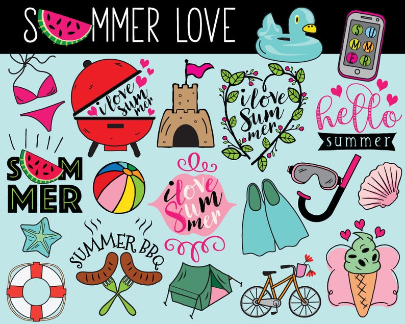 Puede incluir: Una ilustraci&oacute;n colorida de iconos con tem&aacute;tica de verano, que incluye una sand&iacute;a, una pelota de playa, un castillo de arena, una parrilla, un traje de ba&ntilde;o, un salvavidas, una tienda de campa&ntilde;a, una bicicleta, una concha, un par de aletas, un snorkel, una estrella de mar, una paleta de hielo y texto que dice "SUMMER LOVE", "Me encanta el verano", "hola verano" y "SUMMER BBQ".