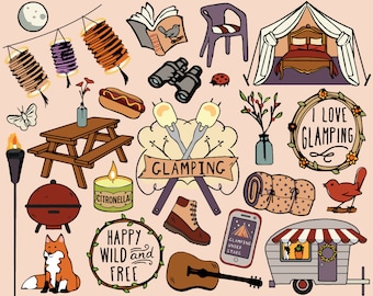 Glamping Clipart, glamping party clipart, tent clipart, camping clipart, glamping clip art, camping clip art, planner stickers