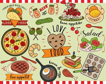 I Love Food Clipart, vector food, food clip art, planner sticker clipart, food sticker, pizza clipart, bullet journal stickers, menu clipart