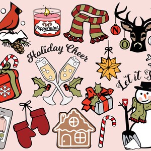 May include: A collection of Christmas-themed illustrations, including a cardinal, a peppermint candle, a scarf, a reindeer, a snowflake, a star, a gift box, champagne flutes, mittens, a gingerbread house, a snowman, and a candy cane. The text "Holiday Cheer" and "Let it Snow" are also included.