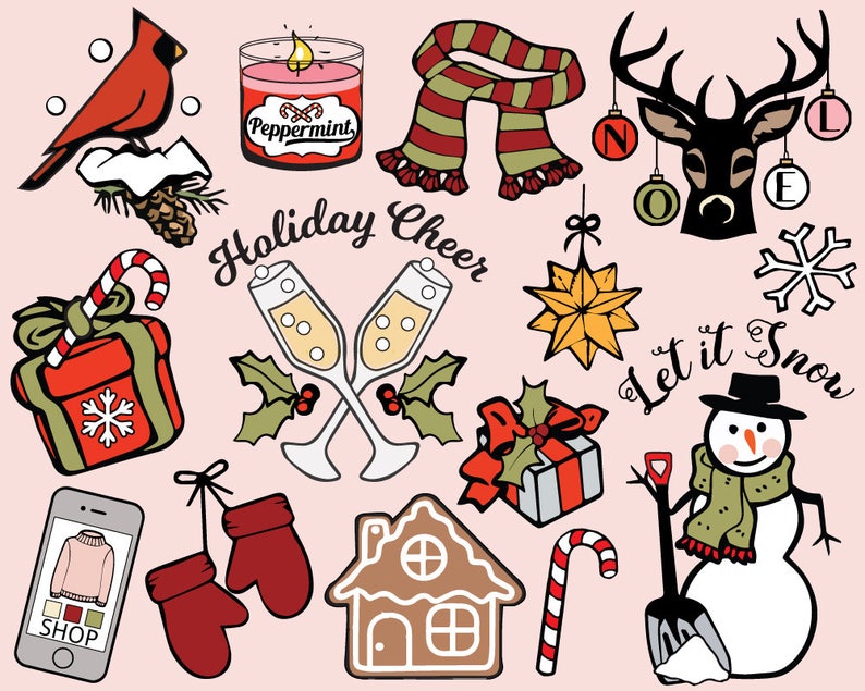 May include: A collection of Christmas-themed illustrations, including a cardinal, a peppermint candle, a scarf, a reindeer, a snowflake, a star, a gift box, champagne flutes, mittens, a gingerbread house, a snowman, and a candy cane. The text "Holiday Cheer" and "Let it Snow" are also included.