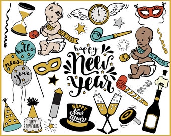 New Year Clipart, new year's eve, baby new year, champagne, new year journal, printable stickers, instant download, gold and black